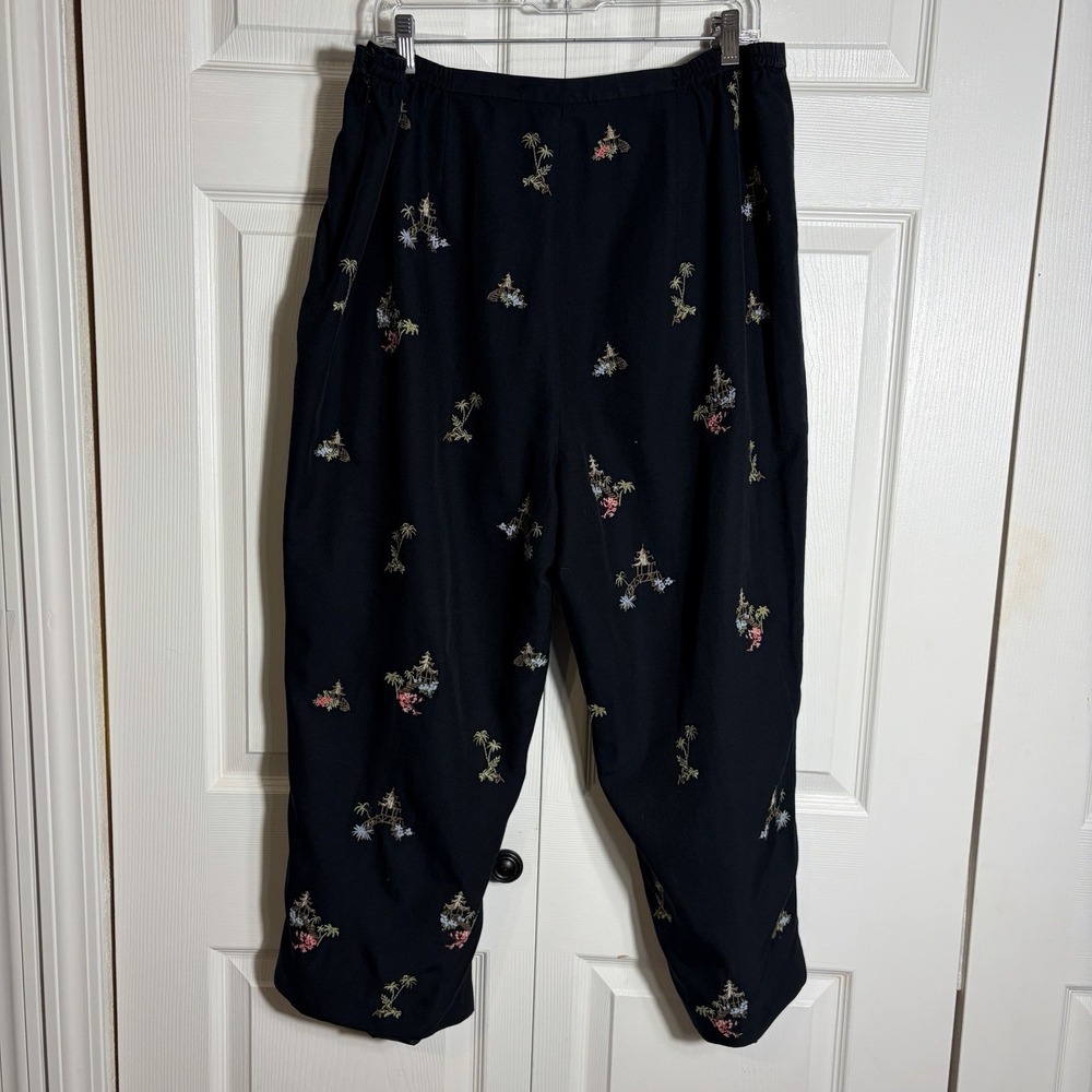 Vintage Talbots Silk Blend Pants Women 18W Black Embroidered Y2K Asian Pagoda
